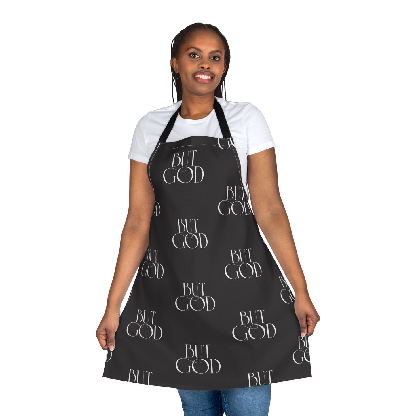 Bib Apron — Repeating "But God" Script Pattern, Christian Kitchen Apron