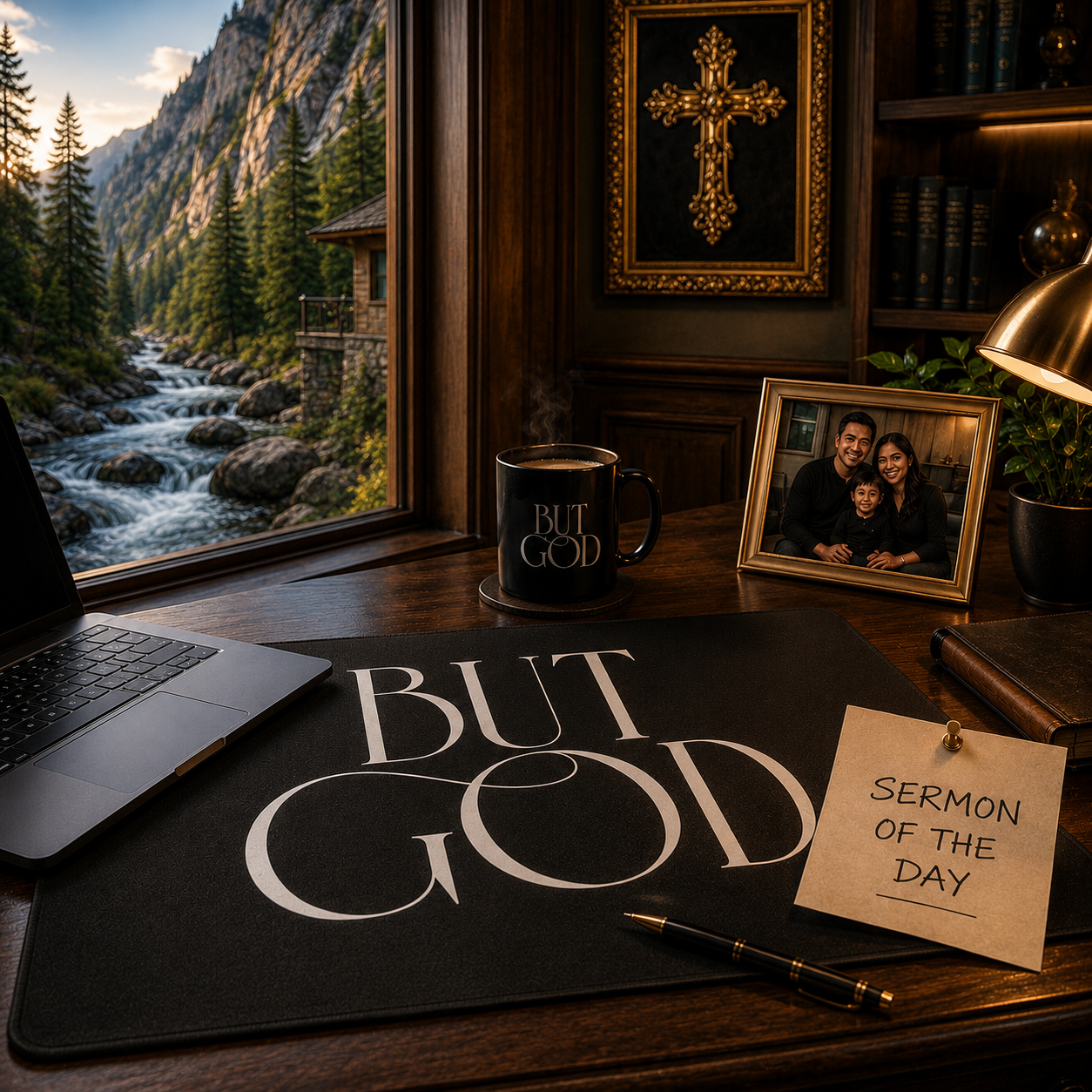 But God Desk Mat — Minimalist Inspirational Black Desk Pad for Christian Office & Home