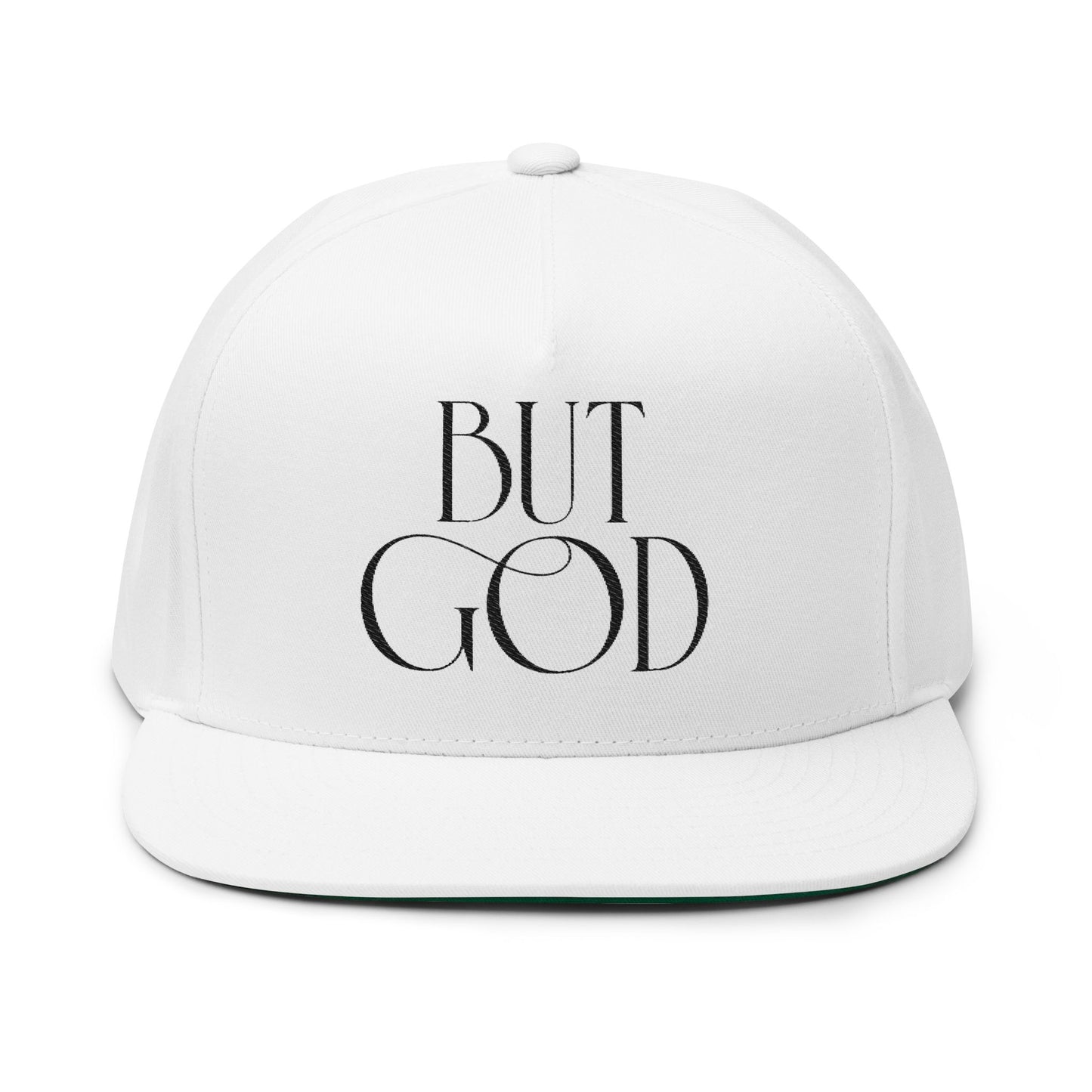 Copy of But God Embroidered Flat Bill Cap — Christian Snapback Hat