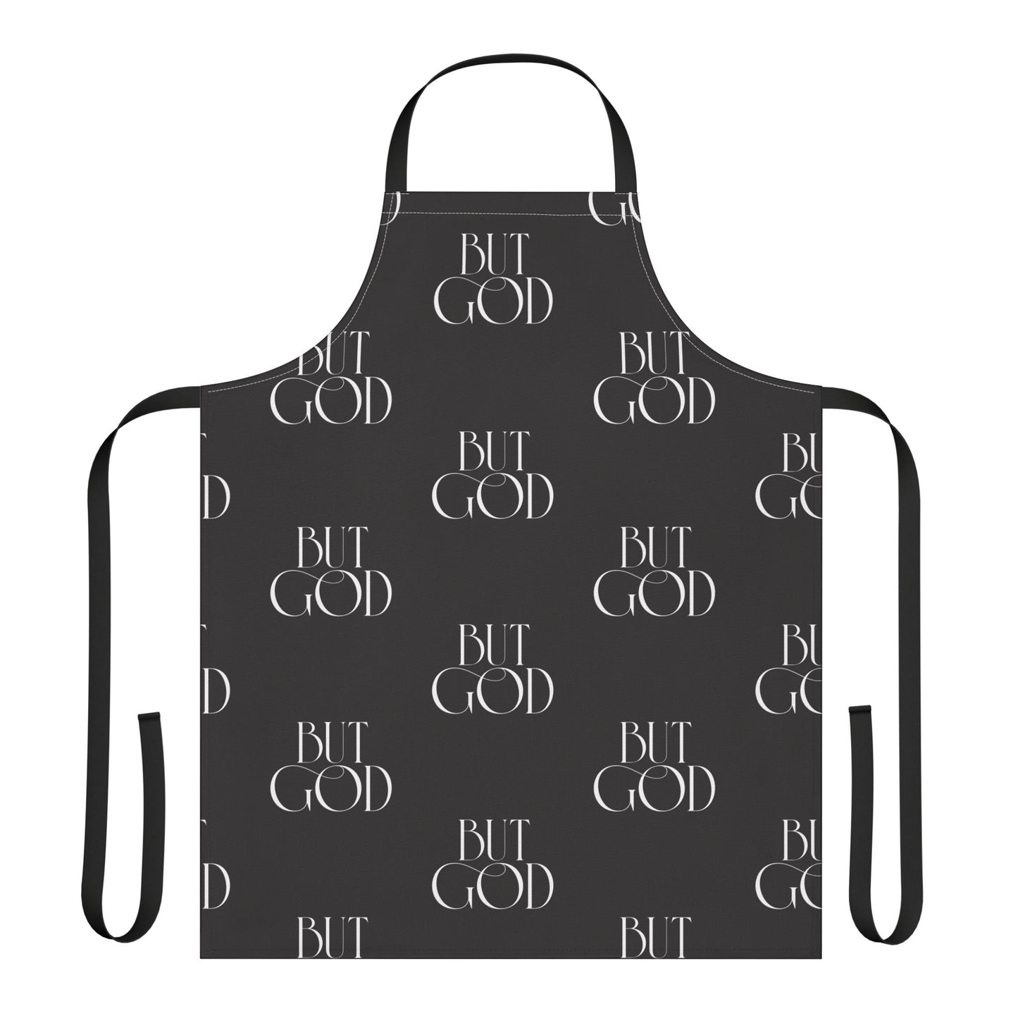 Bib Apron — Repeating "But God" Script Pattern, Christian Kitchen Apron