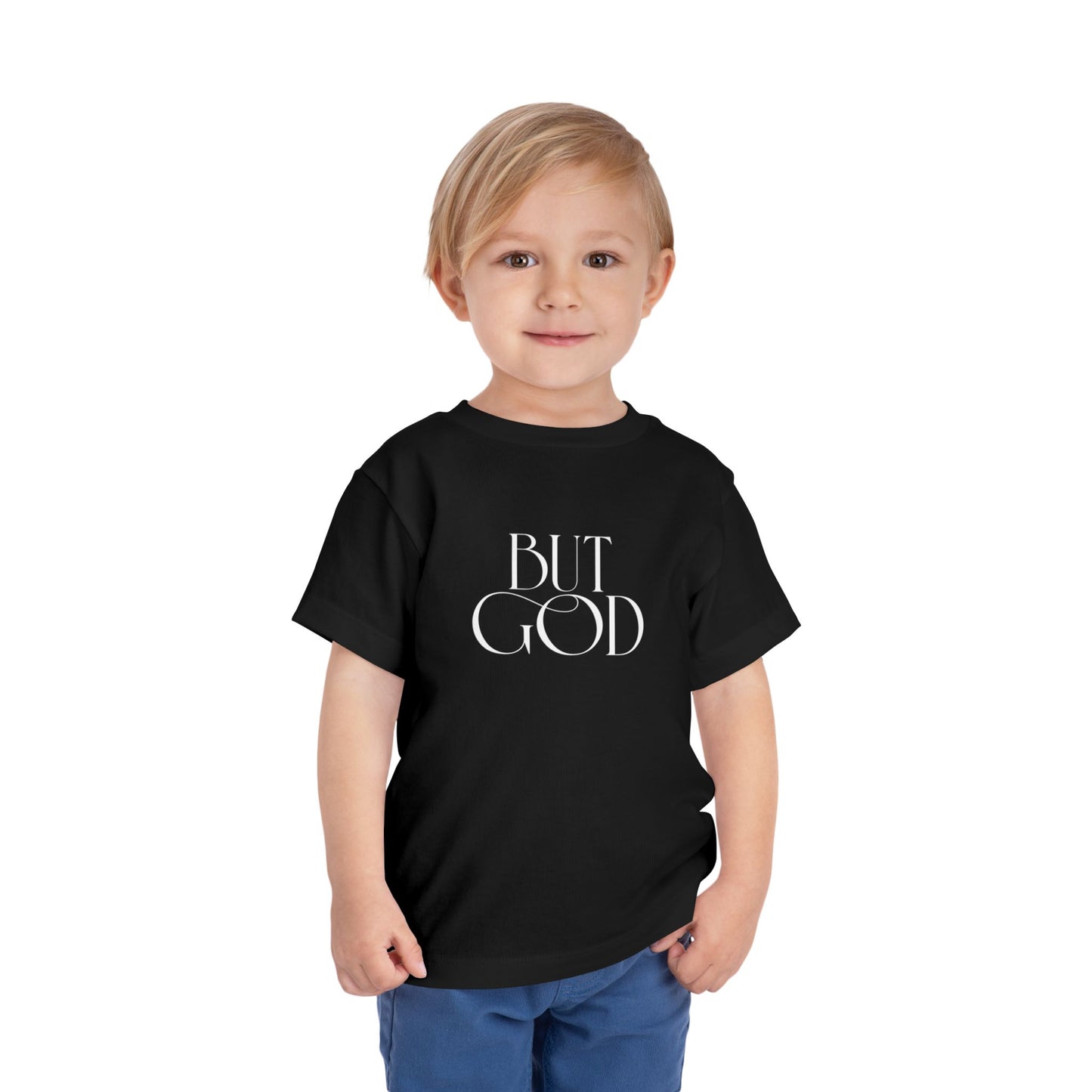 Toddler Tee — "But God" Minimalist Christian Graphic Shirt