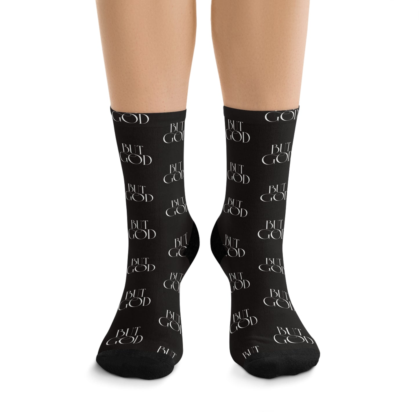 Black 'Feeling Good' All-Over Print Crew Socks — Recycled Poly