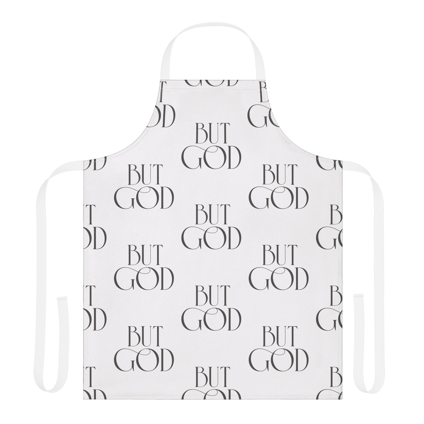 Bib Apron — Repeating "But God" Script Pattern, Christian Kitchen Apron