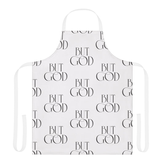 Bib Apron — Repeating "But God" Script Pattern, Christian Kitchen Apron