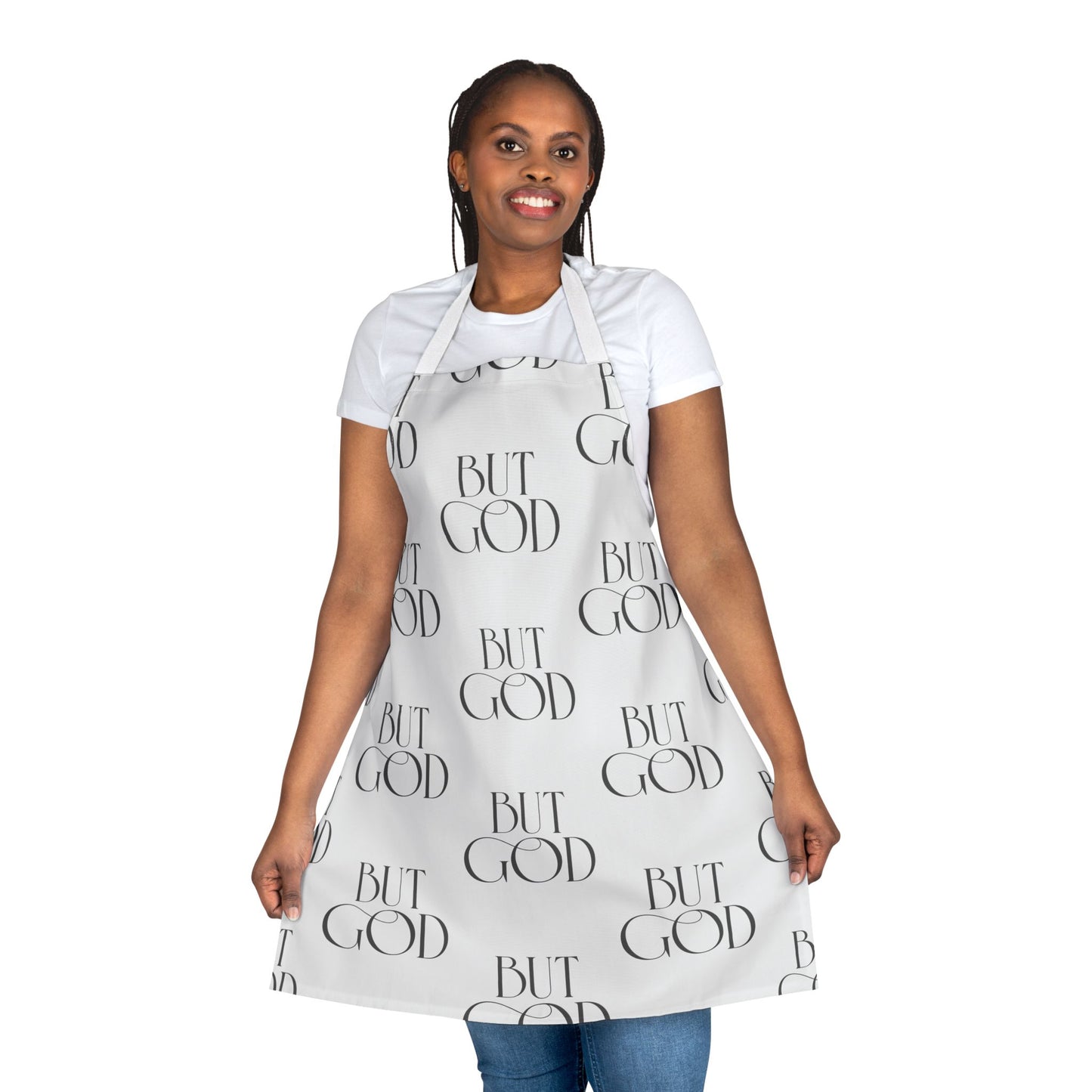 Bib Apron — Repeating "But God" Script Pattern, Christian Kitchen Apron