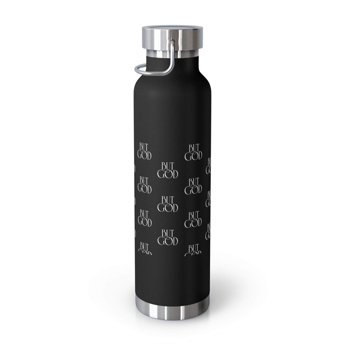 22oz Copper Vacuum Bottle — Black 'But God' Repeated Script Insulated Flask