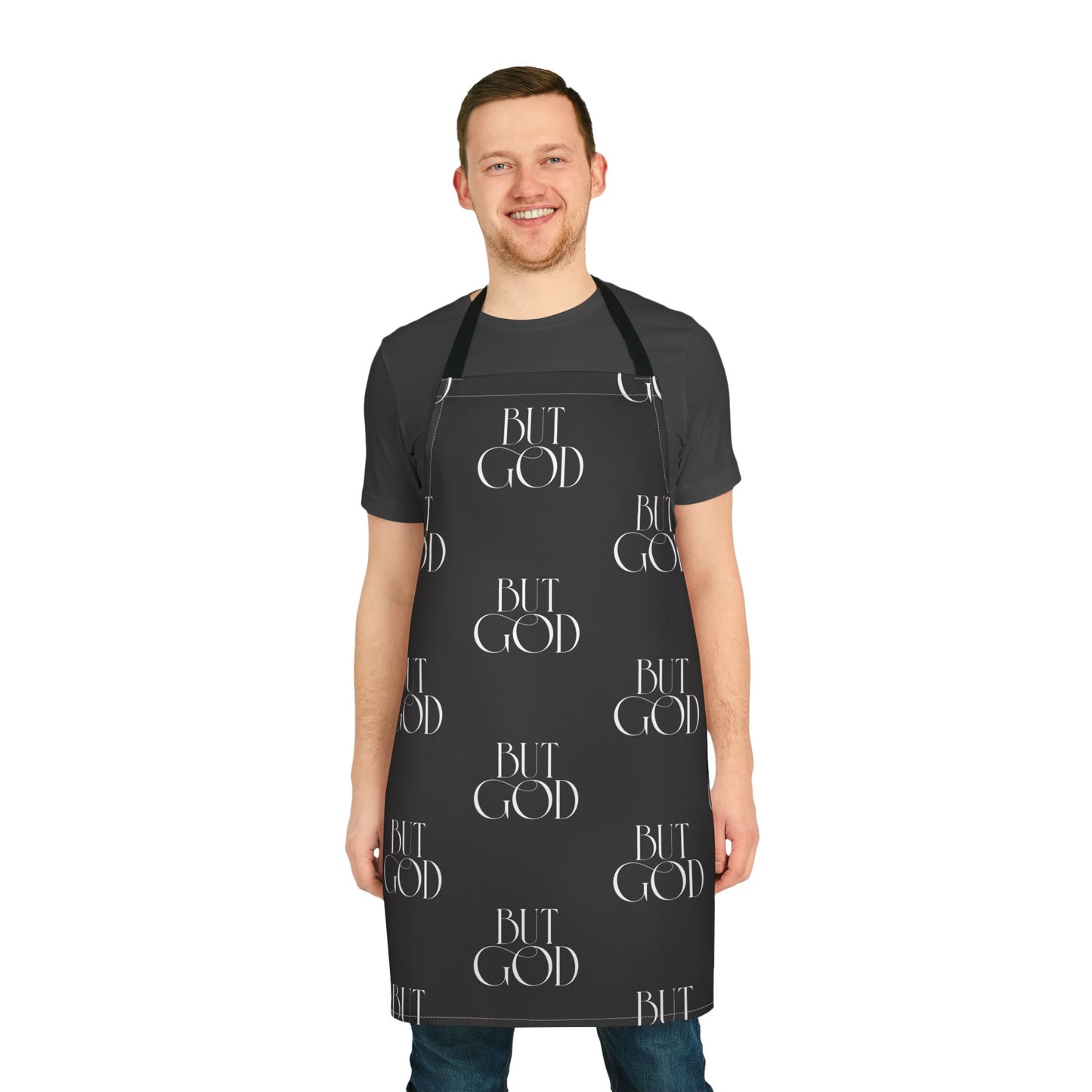 Bib Apron — Repeating "But God" Script Pattern, Christian Kitchen Apron