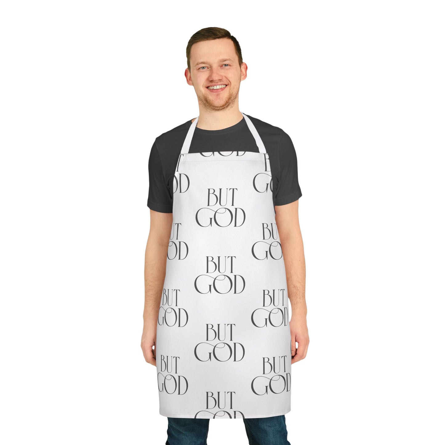 Bib Apron — Repeating "But God" Script Pattern, Christian Kitchen Apron