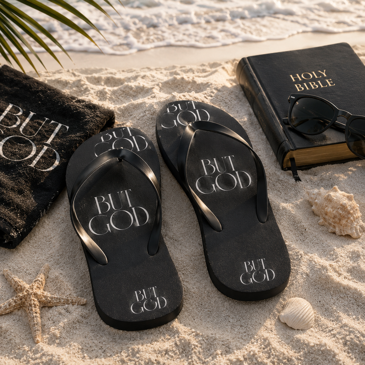 But God Flip Flops — Black Inspirational Christian Beach Sandals