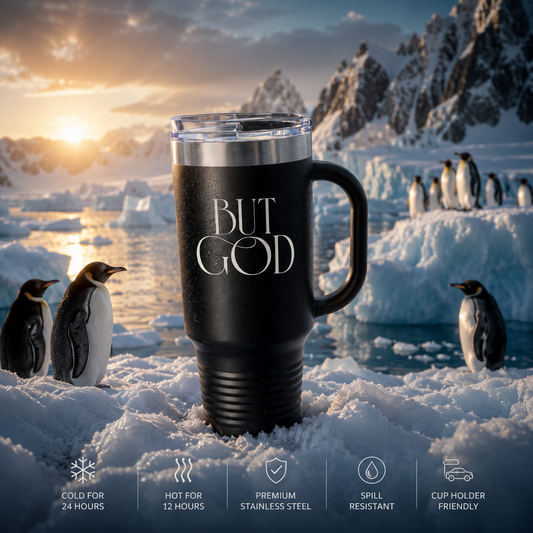40oz Insulated Travel Mug – 'But God' Script Stainless Tumbler