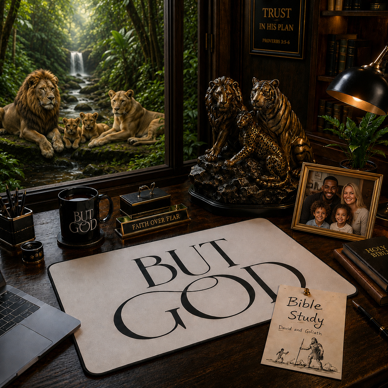 But God Desk Mat — Black & White Inspirational Office Mouse Pad